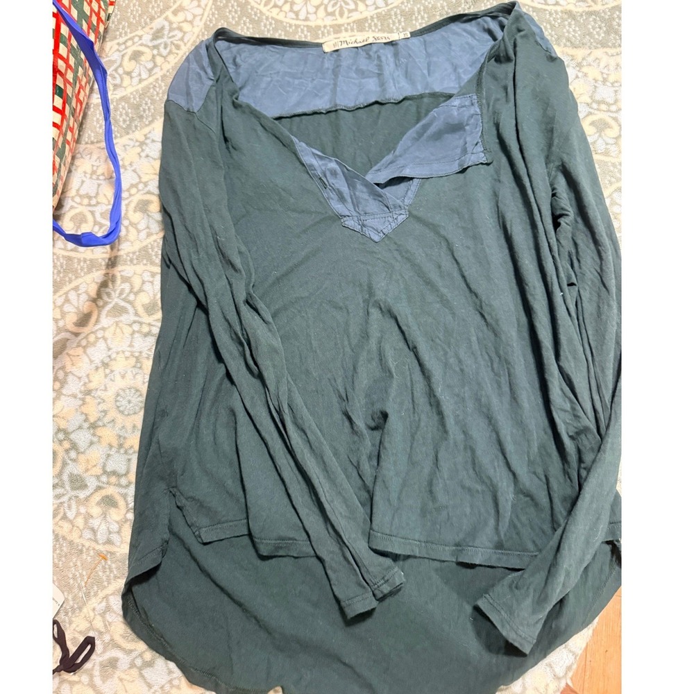 Michael Stars Womens OS Long Sleeve Mixed Media V-Neck Top Olive Green Charcoal